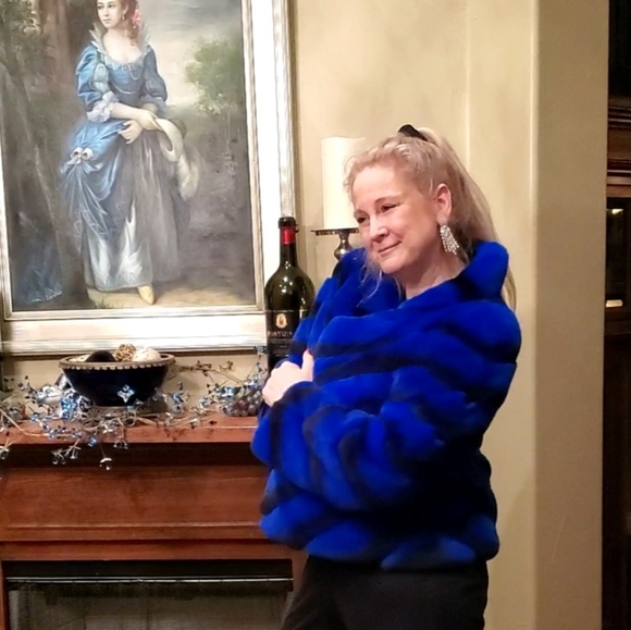 NWT Brilliant Sapphire Blue & Black Rex Chinchilla Fur Coat L/XL - Picture 3 of 17